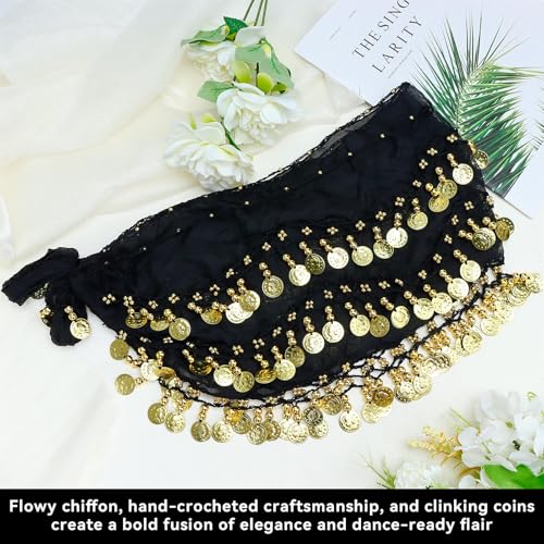 JOLYEAK Belly Dance Hip Scarf Dancing Skirt with Gold Coins Women's Chiffon Belly Dancing Scarf for Yoga Belly Dancing (Black) - Image 5