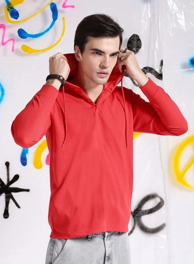 شركة المرآب الهندية Men Slim Fit Ottoman Print Hooded Tshirt