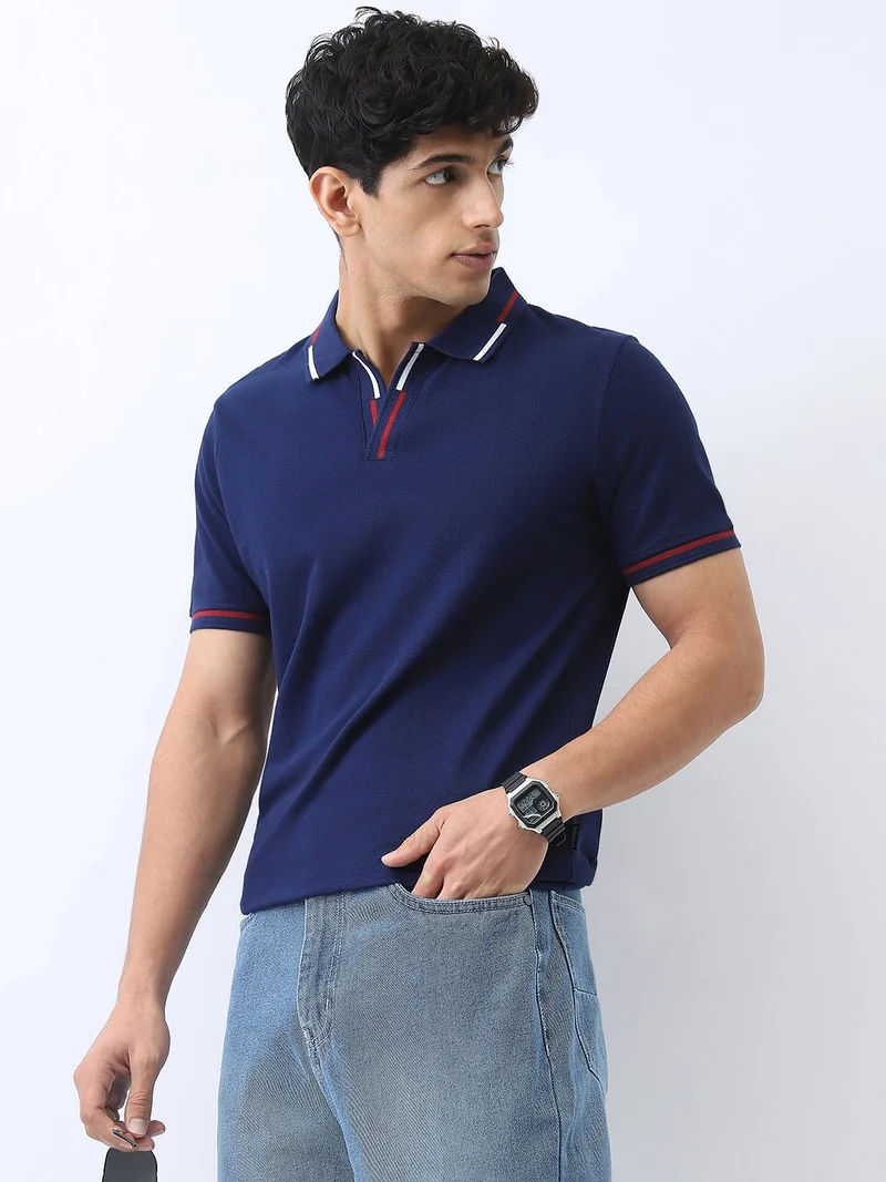 Urbano Fashion Men's Navy Solid Regular Fit Half Sleeve Cotton Polo T-Shirt