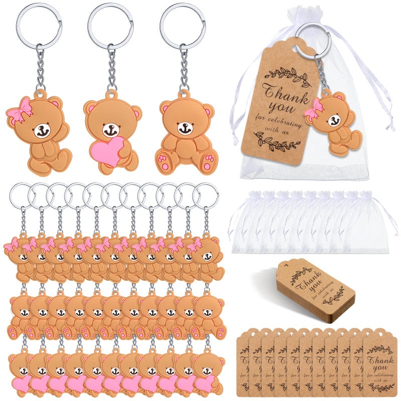 120 Pcs Bear Baby Shower Favors Bear Party Favors Cute Keychain with Organza Bags Thank You Kraft Tags and Rope for Guests Girls Boys Birthday Party Supplies Decorations Pink Cute