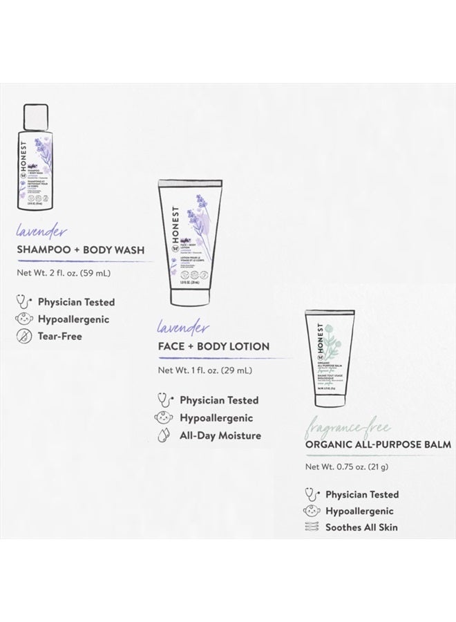 The Honest Company Babe's Mini Must Haves Gift Set | Travel Size Lavender Shampoo + Body Wash (2 fl oz), Face + Body Lotion (1 fl oz), Organic All Purpose Balm (.75 oz), Reusable Pouch - Image 3