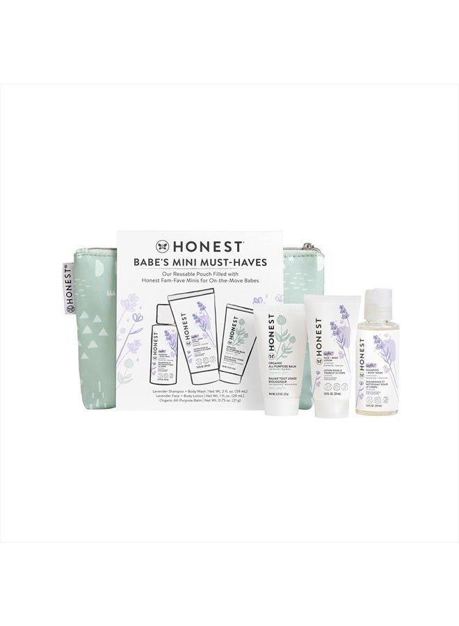 The Honest Company Babe's Mini Must Haves Gift Set | Travel Size Lavender Shampoo + Body Wash (2 fl oz), Face + Body Lotion (1 fl oz), Organic All Purpose Balm (.75 oz), Reusable Pouch - Image 1