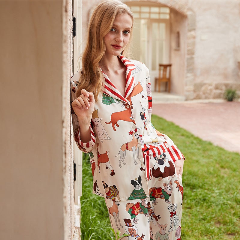 Christmas Dog Print Women's Pajama Set, Long Sleeve, Long Pants, Notch Collar, Silky - Image 4