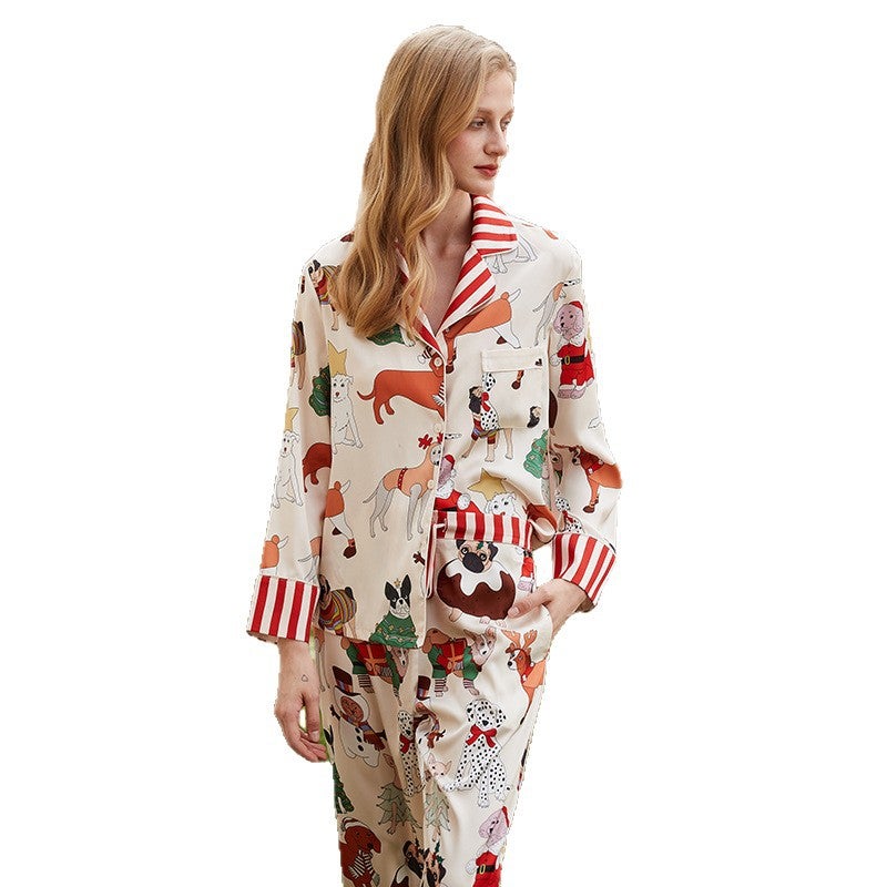 Christmas Dog Print Women's Pajama Set, Long Sleeve, Long Pants, Notch Collar, Silky - Image 5