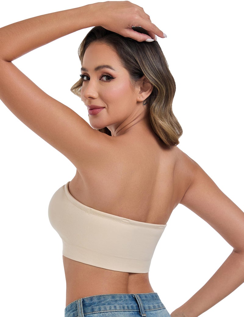 ANGOOL Strapless Bras for Women Wirefree Non-Slip Tube Top Invisible Bralette Seamless Padded Bandeau Bra, Beige, S - Image 3
