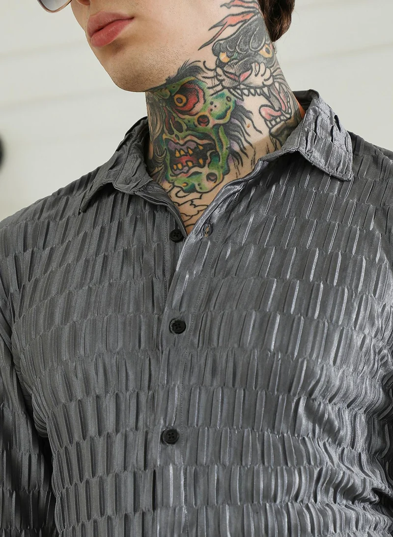 Campus Sutra Men's Textured Grey Slim Fit Full Sleeve Shirt