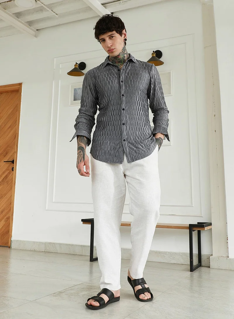 Campus Sutra Men's Textured Grey Slim Fit Full Sleeve Shirt