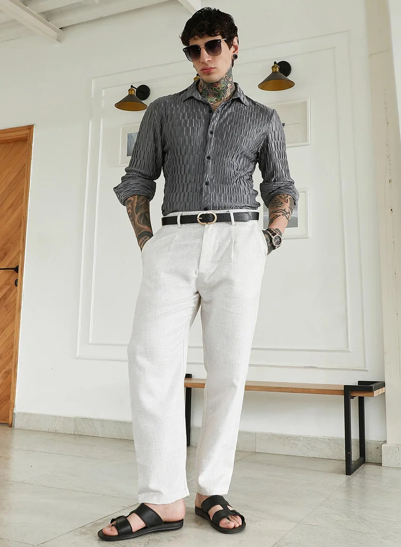 Campus Sutra Men's Textured Grey Slim Fit Full Sleeve Shirt