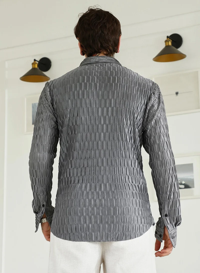 Campus Sutra Men's Textured Grey Slim Fit Full Sleeve Shirt