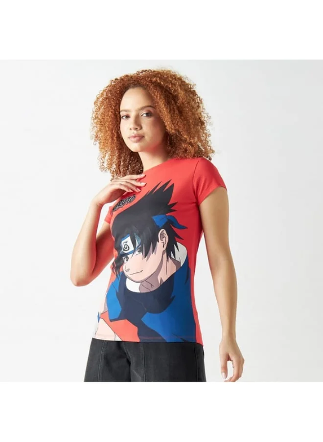 SP Characters Naruto Print Crew Neck T-shirt with Short Sleeves