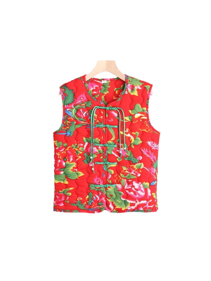 Vintage Ethnic Style Printed Buckle V-Neck Large Flower Vest Sandwich Silk Cotton Cold-Proof Warm Chinese Top - Image 5