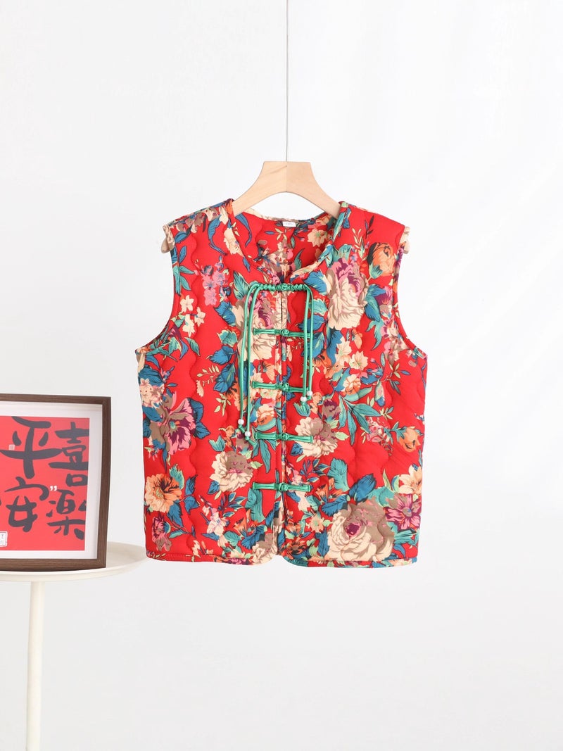 Vintage Ethnic Style Printed Buckle V-Neck Large Flower Vest Sandwich Silk Cotton Cold-Proof Warm Chinese Top - Image 4