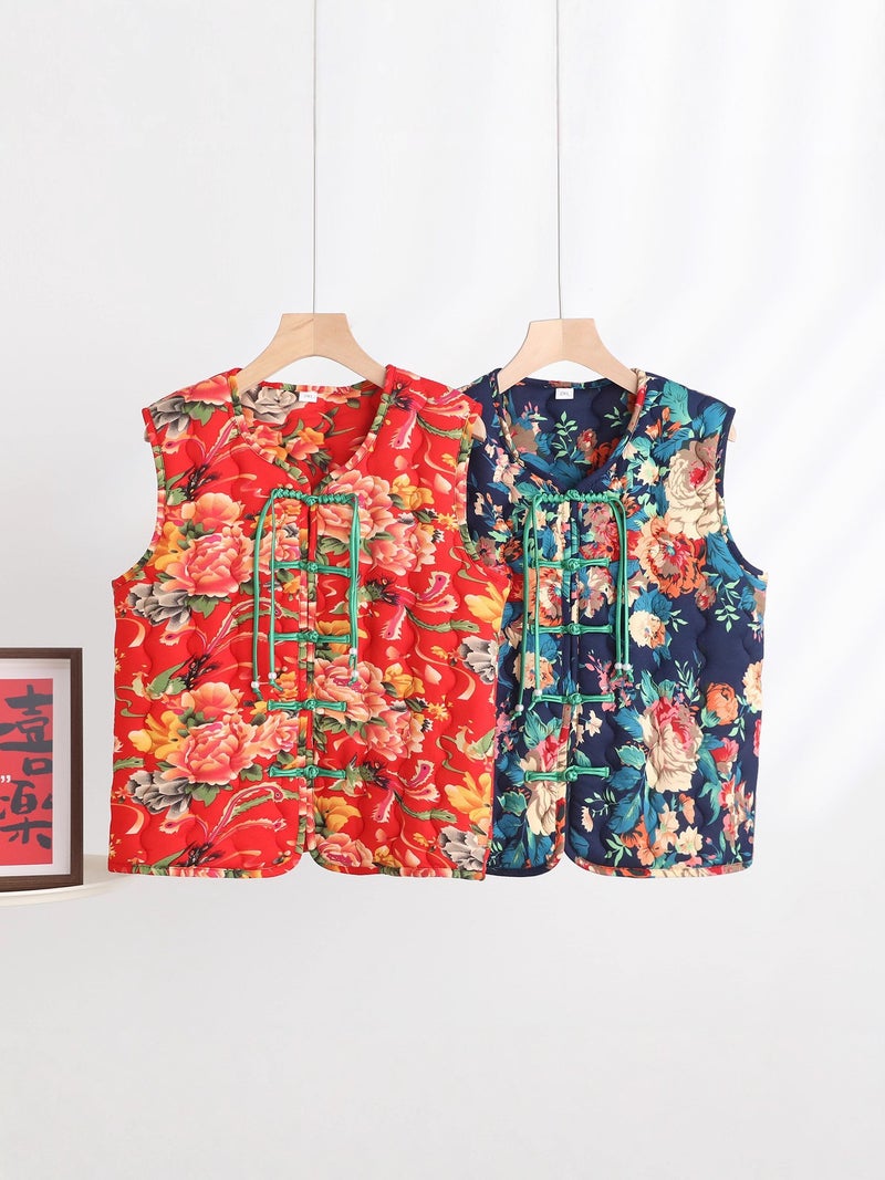 Vintage Ethnic Style Printed Buckle V-Neck Large Flower Vest Sandwich Silk Cotton Cold-Proof Warm Chinese Top - Image 2