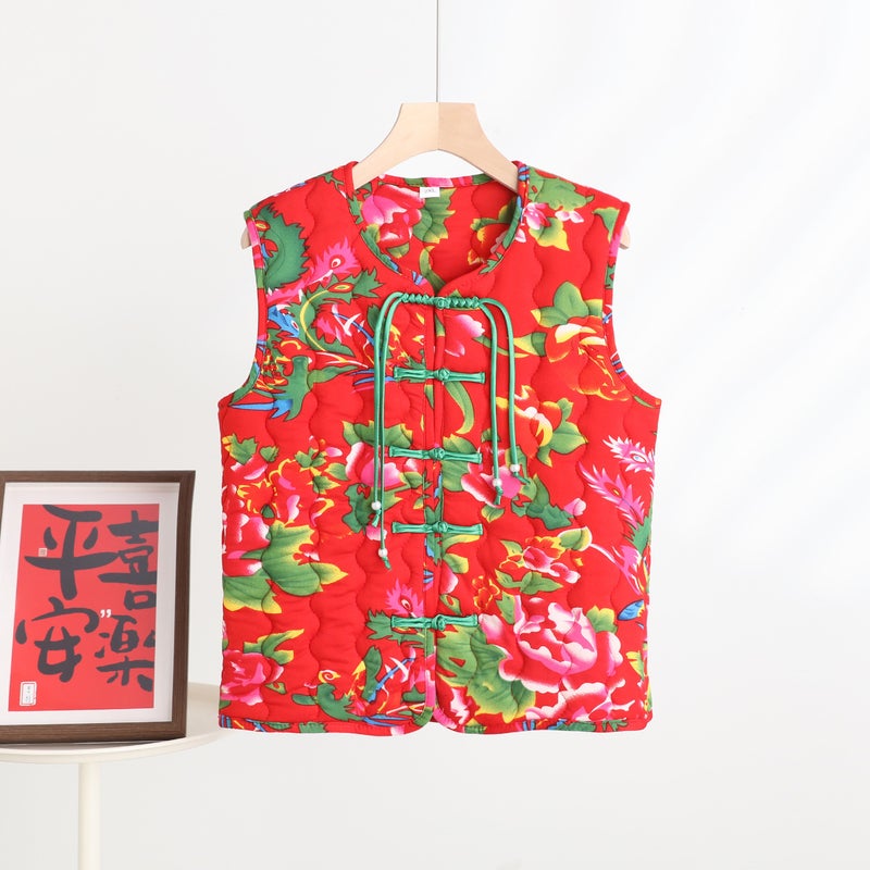 Vintage Ethnic Style Printed Buckle V-Neck Large Flower Vest Sandwich Silk Cotton Cold-Proof Warm Chinese Top - Image 1