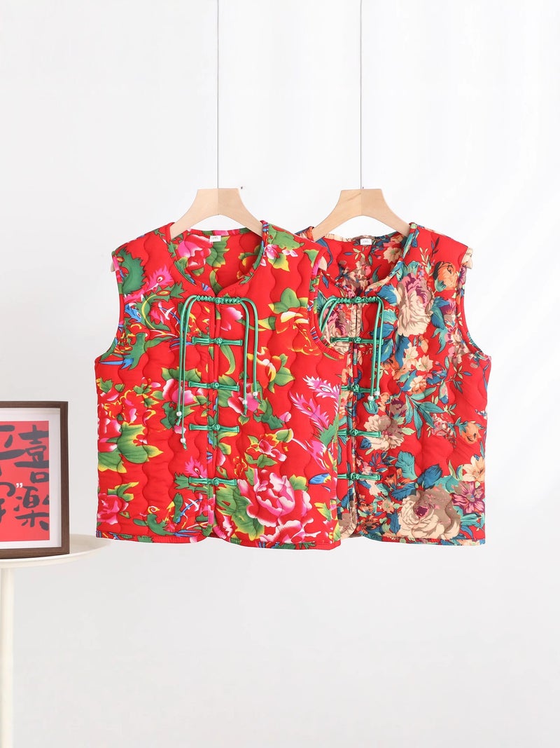 Vintage Ethnic Style Printed Buckle V-Neck Large Flower Vest Sandwich Silk Cotton Cold-Proof Warm Chinese Top - Image 3