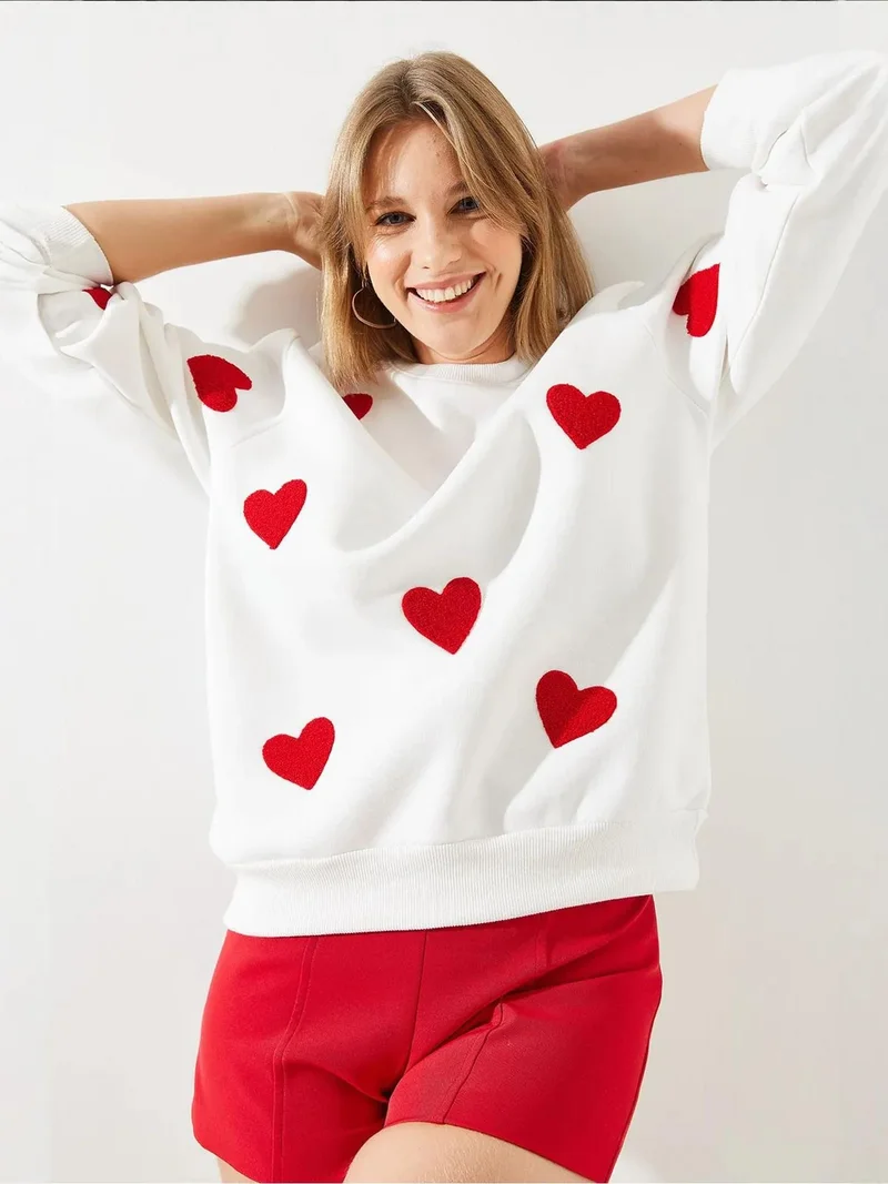 Bianco Lucci White LUCCI Oversized Embroidered Crew Neck Sweatshirt for Women | Best Price UAE