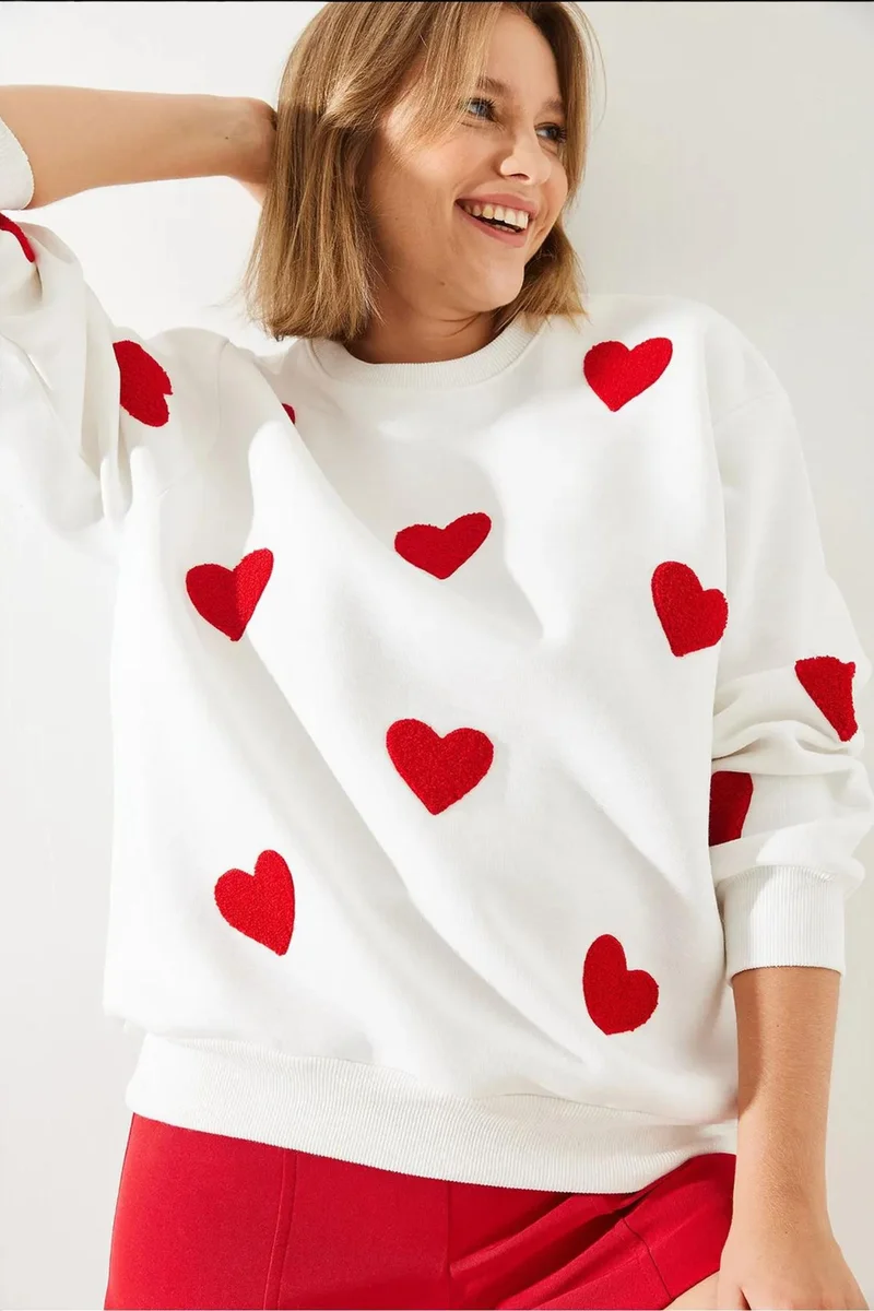 Bianco Lucci White LUCCI Oversized Embroidered Crew Neck Sweatshirt for Women | Best Price UAE