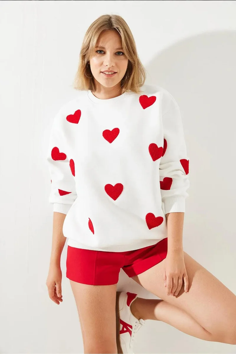 Bianco Lucci White LUCCI Oversized Embroidered Crew Neck Sweatshirt for Women | Best Price UAE