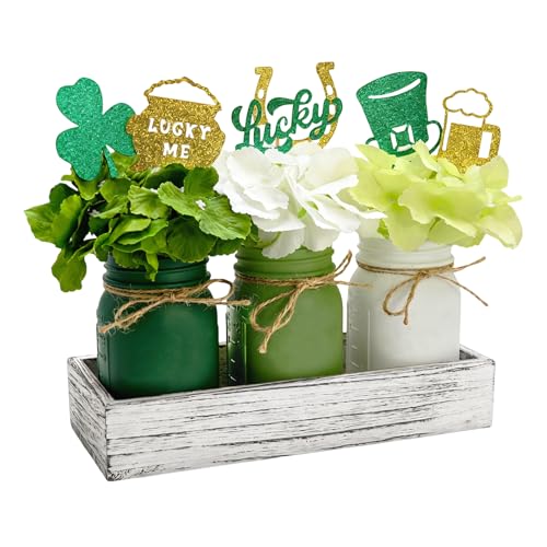 Wironlst St Patricks Day Decorations 3-Pack Mason Jars，Rustic Decorative Table Centerpiece for St Patrick's Day Celebration & Spring Home Decor - Image 1