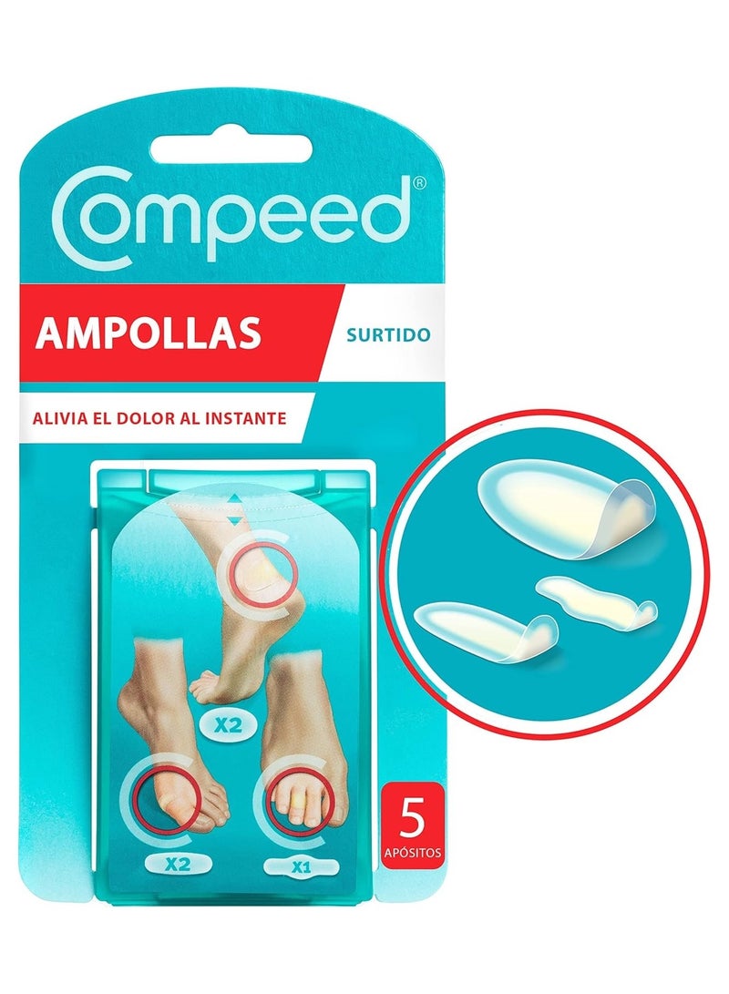 Compeed Assorted Ampoules 5 Hydrocolloid Foot Treatment Pads One pack contains 2 x Medium 6.8 x 4.2 cm 2 x Small 6 x 2 cm 1 x Interdigital 5 x 1.8 cm