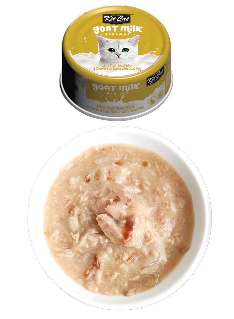 Kit Cat (24 packs) wet food with  Meat Tuna Flakes & Smoked Fish Flakes With Goat Milk   flavor for small and large cats / 70 grams - Image 3