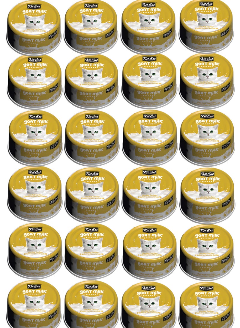 Kit Cat (24 packs) wet food with  Meat Tuna Flakes & Smoked Fish Flakes With Goat Milk   flavor for small and large cats / 70 grams - Image 1