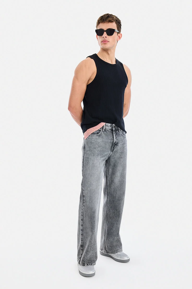 SNITCH Black Ribbed Sleeveless Slim Fit Casual T-Shirt