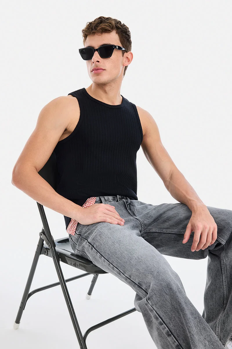 SNITCH Black Ribbed Sleeveless Slim Fit Casual T-Shirt