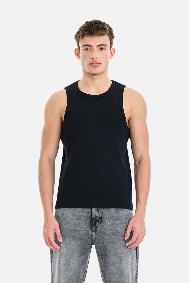 سنيتش Black Ribbed Sleeveless Slim Fit Casual T-Shirt