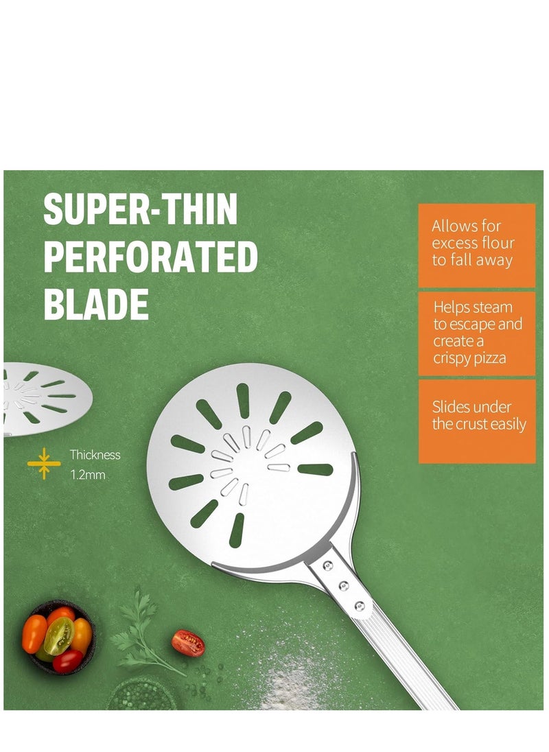 Pizza Turning Peel 8" Pizza Turner, Aluminum Perforated Pizza Peel Spinner Turning Pizza Paddle with Long Handle, Indoor & Outdoor Pizza Oven Accessories