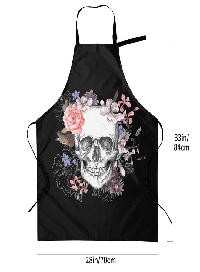 Wisedeal Skull and Flower Waterproof Bib Apron with 2 Pockets, Adjustable Kitchen Chef Apron for Baking Cooking Bbq Home - Image 3