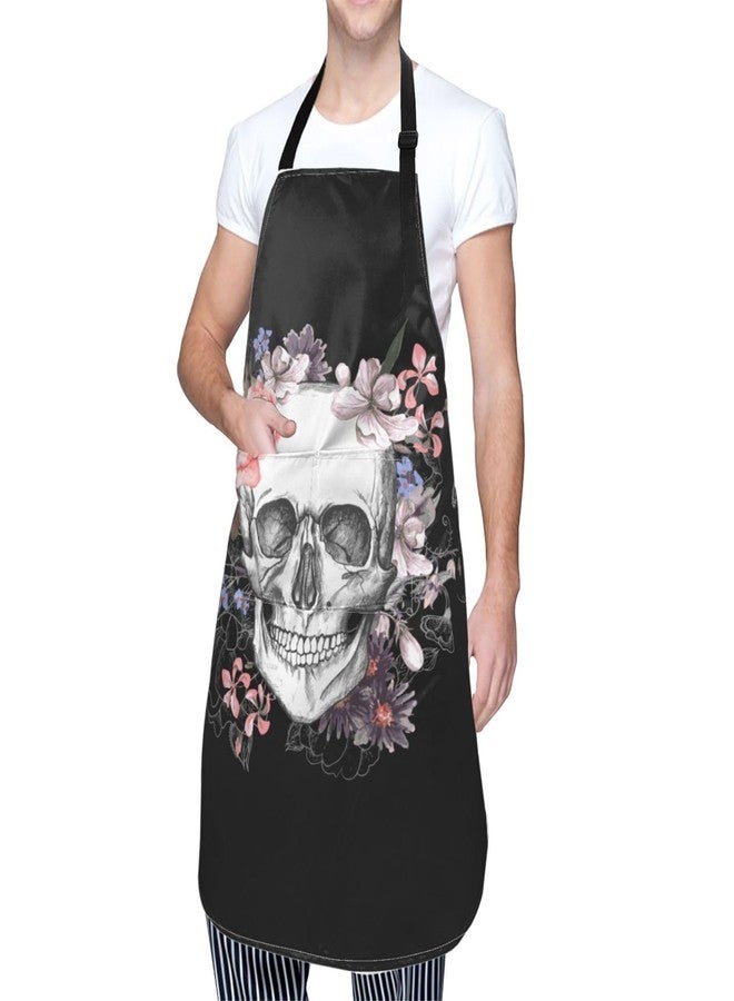 Wisedeal Skull and Flower Waterproof Bib Apron with 2 Pockets, Adjustable Kitchen Chef Apron for Baking Cooking Bbq Home - Image 1