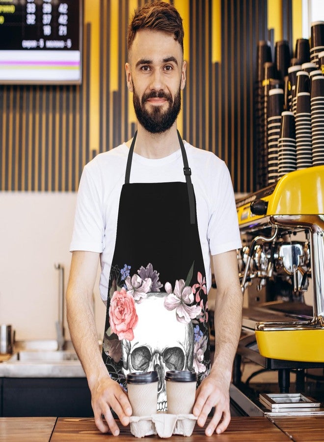 Wisedeal Skull and Flower Waterproof Bib Apron with 2 Pockets, Adjustable Kitchen Chef Apron for Baking Cooking Bbq Home - Image 5