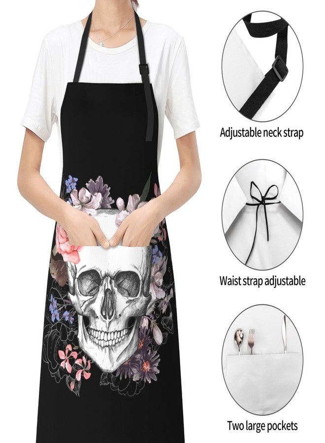 Wisedeal Skull and Flower Waterproof Bib Apron with 2 Pockets, Adjustable Kitchen Chef Apron for Baking Cooking Bbq Home - Image 2