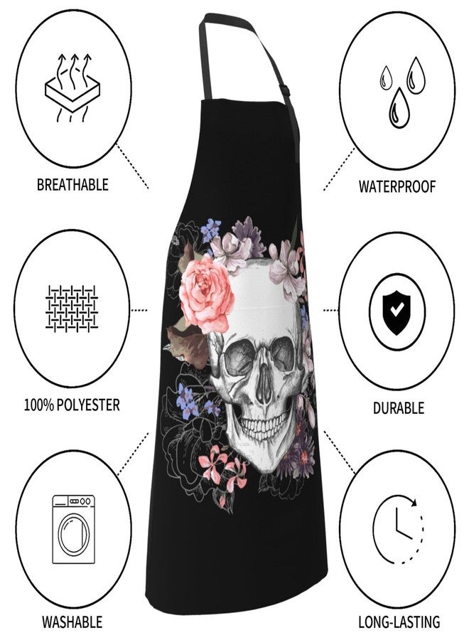 Wisedeal Skull and Flower Waterproof Bib Apron with 2 Pockets, Adjustable Kitchen Chef Apron for Baking Cooking Bbq Home - Image 4