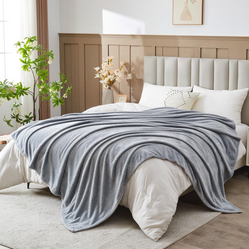 NEWCOSPLAY Super Soft King Blanket Grey Premium Silky Flannel Fleece Leaves Pattern Lightweight Bed Blanket All Season Use (Grey, King(90"x110")) - Image 1