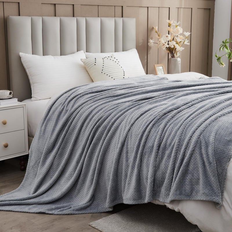 NEWCOSPLAY Super Soft King Blanket Grey Premium Silky Flannel Fleece Leaves Pattern Lightweight Bed Blanket All Season Use (Grey, King(90"x110")) - Image 3