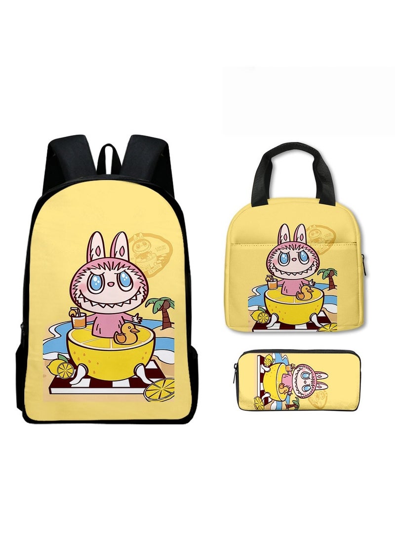لابوبو حقيبة ظهر لابوبو الابتدائية، بتصميم كرتوني، مقاس 40*30*13 سم، حقيبة غداء مقاس 21*20*11.5 سم، حقيبة أقلام مقاس 22*11*5 سم، طقم من ثلاث قطع. - Image 1