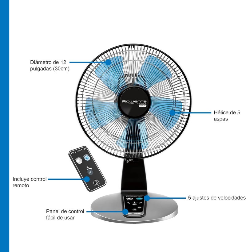 Rowenta , Desk Fan, Turbo Silence Table Fan with Remote, 18 Inches, Ultra Quiet Fan for Bedroom, Oscillating, Portable, 5 Speeds, Black, Indoor, VU2660 - Image 2