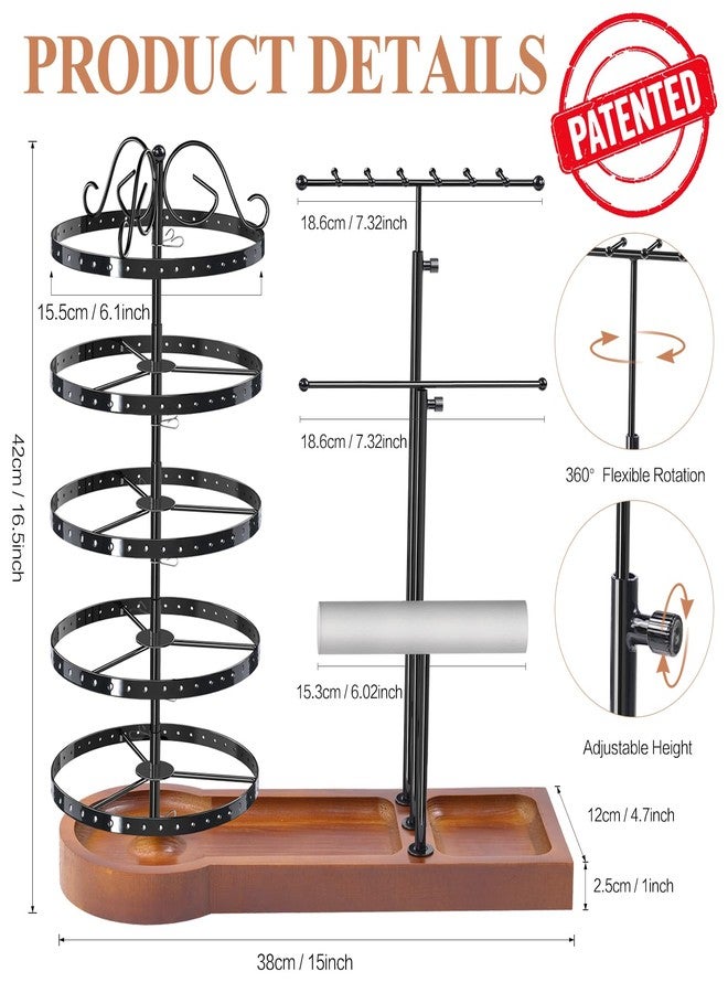 KALYLOC Jewelry Earring Holder Organizer, Adjustable 5 Tiers Rotating Earring Holder 3 Tier Necklace Holder with Wooden Base, Multi-Functional Jewelry Organizer Display Stand for Studs Bracelet Women - Image 2
