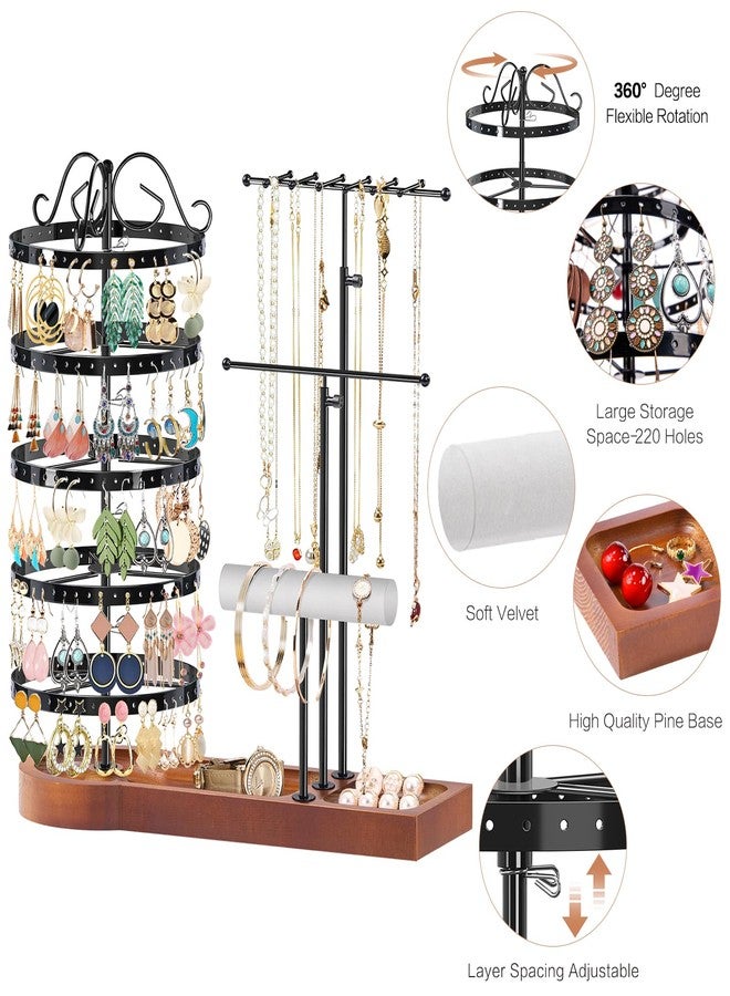 KALYLOC Jewelry Earring Holder Organizer, Adjustable 5 Tiers Rotating Earring Holder 3 Tier Necklace Holder with Wooden Base, Multi-Functional Jewelry Organizer Display Stand for Studs Bracelet Women - Image 3