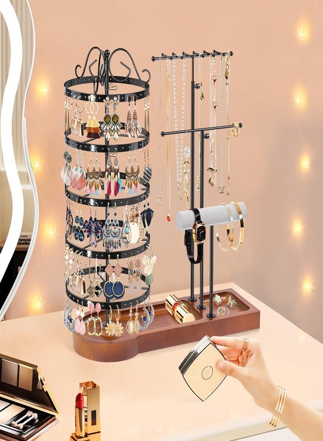 KALYLOC Jewelry Earring Holder Organizer, Adjustable 5 Tiers Rotating Earring Holder 3 Tier Necklace Holder with Wooden Base, Multi-Functional Jewelry Organizer Display Stand for Studs Bracelet Women - Image 5