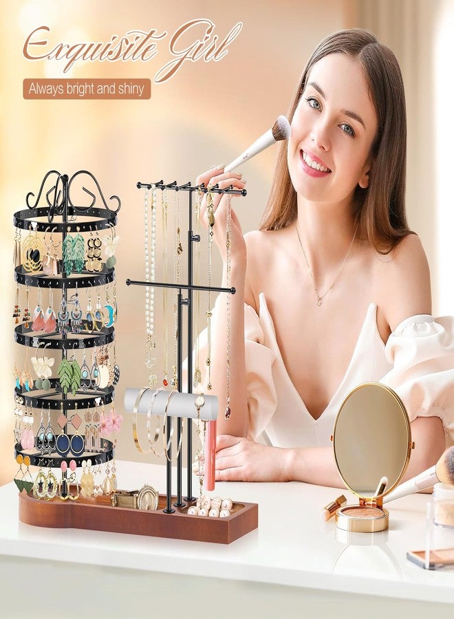 KALYLOC Jewelry Earring Holder Organizer, Adjustable 5 Tiers Rotating Earring Holder 3 Tier Necklace Holder with Wooden Base, Multi-Functional Jewelry Organizer Display Stand for Studs Bracelet Women - Image 4