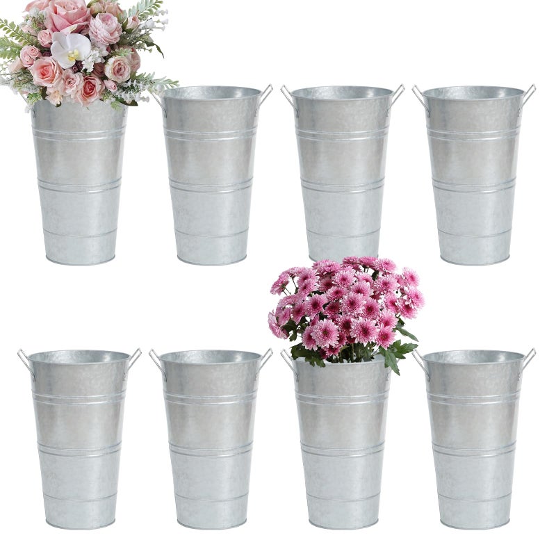 Notakia 8 Pcs 12 Inch Large Galvanized Metal Vases Farmhouse French Flower Bucket Vases for Cut Flowers for Home Decor and Wedding Table Centerpiece Decorations Large Silver