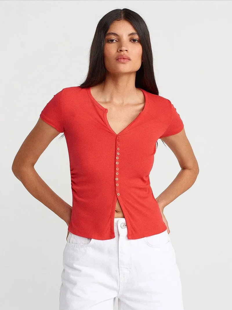 ديلفين DILVIN Slim Fit V-Neck Button Blouse