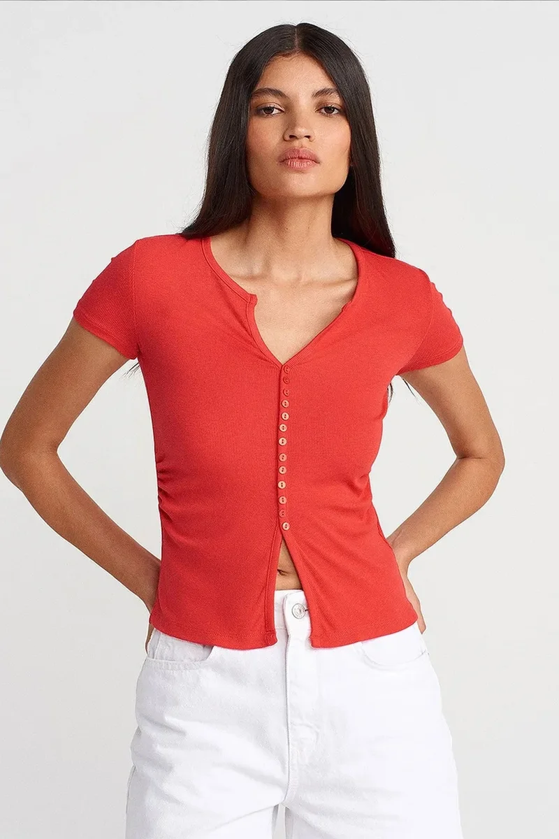 ديلفين DILVIN Slim Fit V-Neck Button Blouse