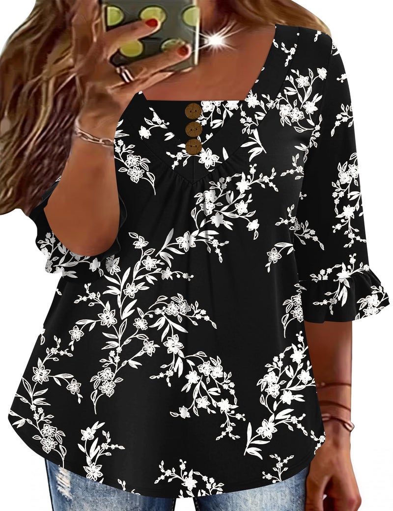 TFSDOD Women's Plus Size Printed T Shirts 3/4 Length Sleeve Tops Business Casual Outfits Summer Floral Shirts Black White Floral 3XL - Image 1