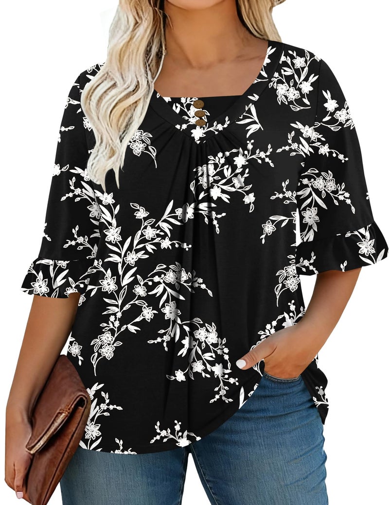 TFSDOD Women's Plus Size Printed T Shirts 3/4 Length Sleeve Tops Business Casual Outfits Summer Floral Shirts Black White Floral 3XL - Image 2