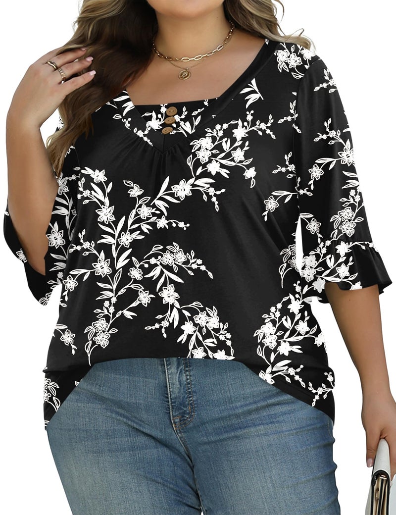 TFSDOD Women's Plus Size Printed T Shirts 3/4 Length Sleeve Tops Business Casual Outfits Summer Floral Shirts Black White Floral 3XL - Image 3