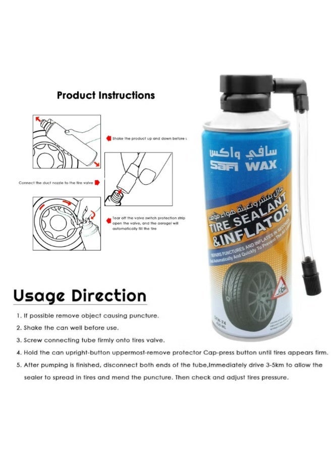 Safi Wax Tire Sealant & Inflator 450ml - Emergency Puncture Repair Spray for Car Motorcycle Bicycle - Image 2